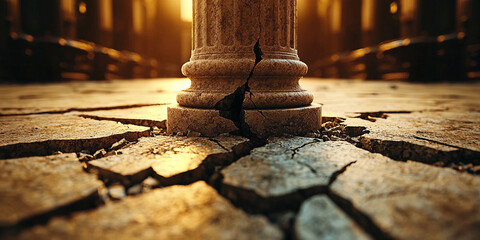 Cracked justice stone pillar standing amid broken ground Generative AI