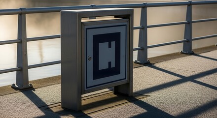 Metallic Cabinet With Sign And Protective Railing Beside The Reflective Water On A Deck