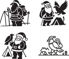 Eagle and Santa Claus Christmas Camping Silhouettes - Holiday Hiking Adventure Vector Illustration Set