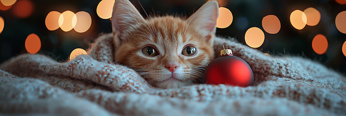 Ginger kitten snuggled in blanket with red ornament Generative AI