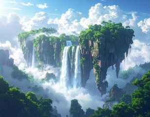 Scenic floating islands with lush greenery and waterfalls amid clouds