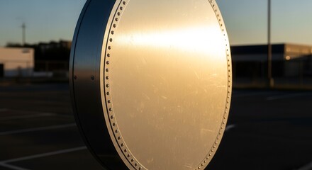 Metallic Disc Illuminated By Sunlight With Rivets Detail Against an Industrial Background