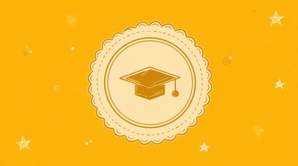 A minimalist design featuring a graduation cap in a circular badge on a vibrant yellow background, symbolizing education and achievement, abstract daily life arts