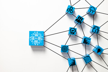 AI technology and business integration concept.Central artificial intelligence icon connected to symbol of cloud,security, team,and strategy,representing smart management and digital transformation.