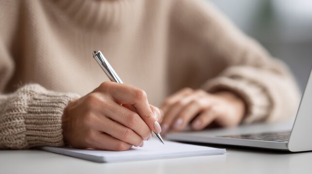 A woman sits at her desk in a warm, inviting setting, browsing available online courses on her laptop. She diligently takes notes, showing her enthusiasm for learning