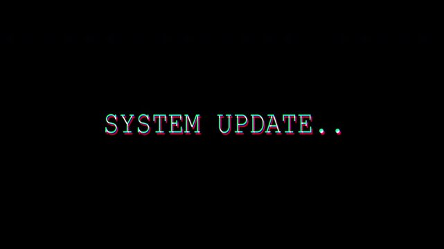 4k video. System update text in a retro computer font on black background. Ideal for tech related content, digital design projects, and presentations.