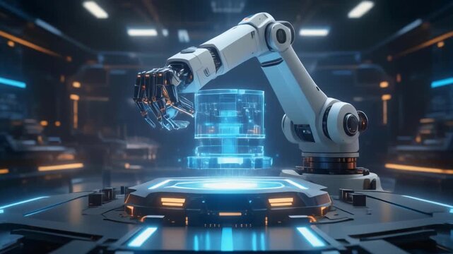 Futuristic robotic arm assembling holographic components, glowing elements, high tech, video clip