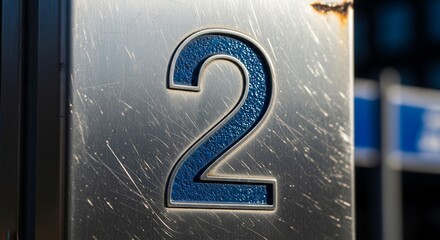 Metallic Number Two: Blue Digit Set Against Scratched Metal Surface