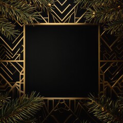 Golden art deco frame on black background. Luxury elegant geometric design template.