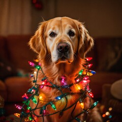 Golden Retriever wrapped in colorful Christmas lights on wood background. Festive pet holiday celebration concept.