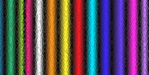 A close-up, vertical view of many colorful strands of textured yarn arranged side-by-side.