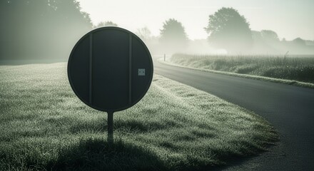Misty Road Scene Depicting Signage And Early Morning Atmosphere With Scenic Beauty