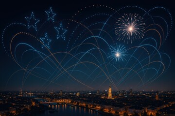 Dazzling night skyline illuminated by vibrant fireworks celebrating festive urban culture and creating a breathtaking display of colors blending with architectural marvels