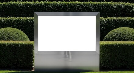 Modern Advertisement Display Sign Against Manicured Green Hedges and Lush Greenery