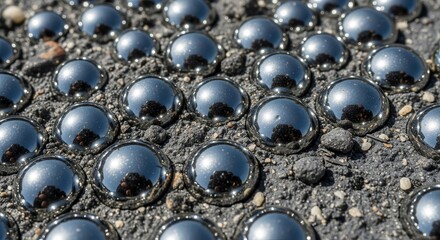 Metallic Spheres Reflecting Environment, Arranged on Rough Surface, Close-Up View