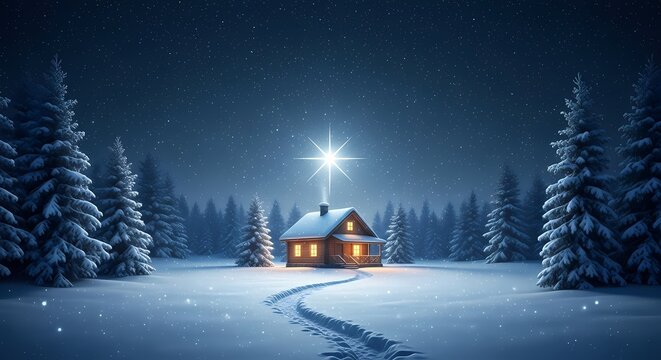 Winter's Embrace: A solitary house stands serene in a snowy landscape, warmly illuminated amidst the tranquil ambiance of a starlit winter's night.