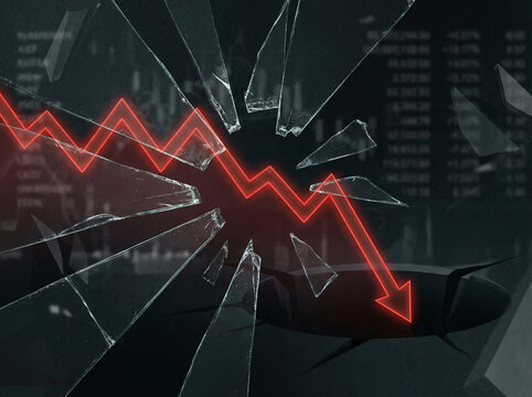 Broken glass overlaying falling stock price chart