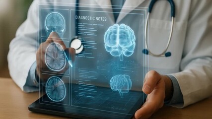 Medical technology brain scan digital interface with doctor healthcare diagnostic notes tablet stethoscope neurology futuristic clinical medical analysis brain imaging professional anatomy medicine - Powered by Adobe