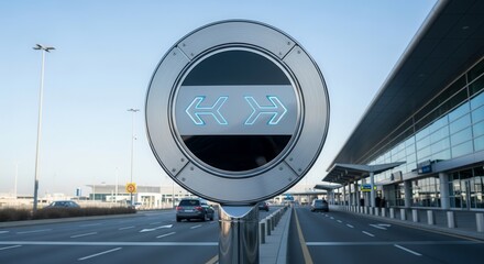 Modern Airport Sign Indicating Two-Way Traffic Flow For Arrivals and Departures