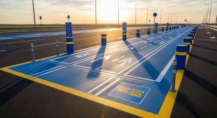 Modern Airport Road with Marked Lanes and Innovative Design at Sunset