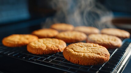 Freshly baked cookies cooling on a wire rack, showcasing a golden color and light steam rising in the warm kitchen atmosphere.