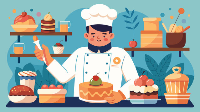 A chef is making a cake in a bakery. The bakery is filled with a variety of cakes, pastries, and other baked goods. The chef is smiling as he works, and the atmosphere is warm and inviting