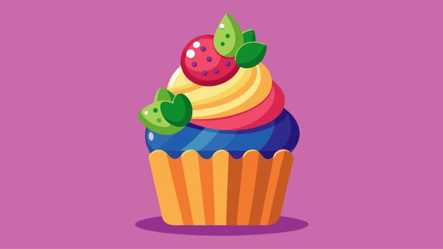 A colorful cupcake with strawberries and green leaves on top. The cupcake is sitting on a purple background