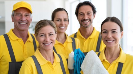 A diverse group of cheerful cleaning professionals, smiling in their yellow uniforms, showcasing teamwork and positivity in their work.