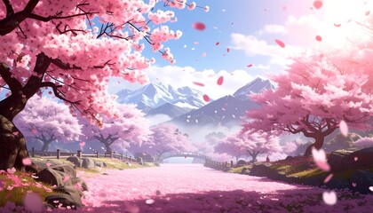 Scenic illustration of cherry blossoms along a tranquil path with mountains