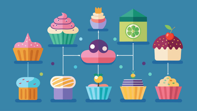 A colorful image of various types of cupcakes arranged in a tree-like structure. Concept of fun and creativity, as well as the idea of a bakery or a dessert-themed event