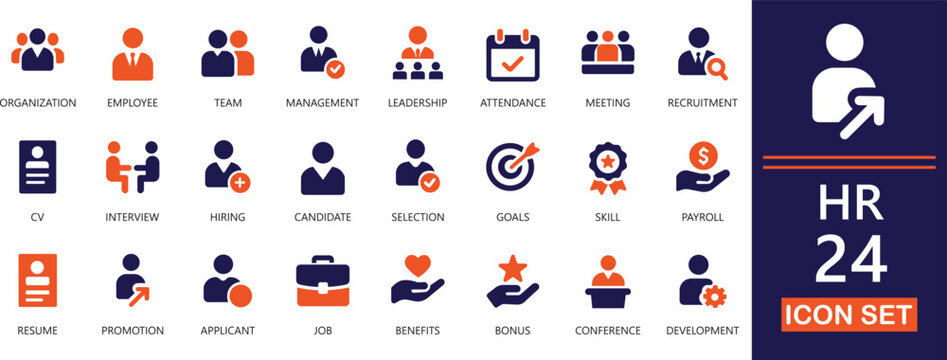 Minimal HR icon set featuring recruitment, management, teamwork, performance, employee workflow, and organizational development elements.