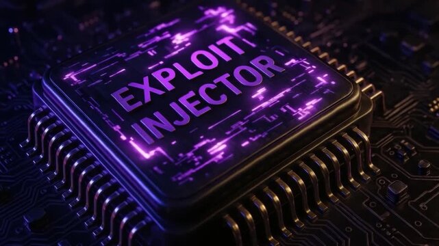 Exploit injector concept glowing purple microchip with circuit board background, digital technology, cyber security, hacking, neon light effect, electronic component, and computer hardware details