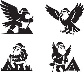 Eagle and Santa Claus Christmas Camping Silhouettes - Holiday Hiking Adventure Vector Illustration Set