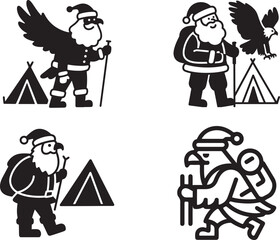 Eagle and Santa Claus Christmas Camping Silhouettes - Holiday Hiking Adventure Vector Illustration Set