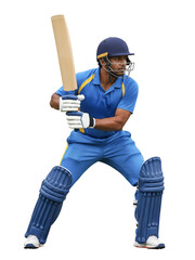 Cricket player in blue uniform standing in defensive batting stance, isolated background