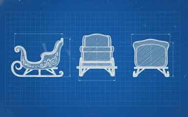 Technical blueprint drawing of santas sleigh, technical engineering schematic on blue background