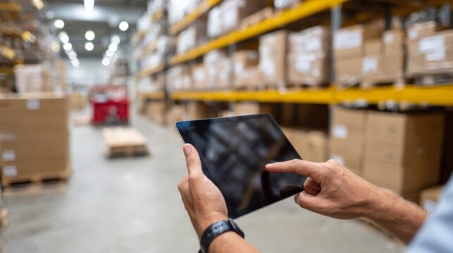 A young Hispanic male warehouse worker using a tablet to manage inventory in a modern storage facility.