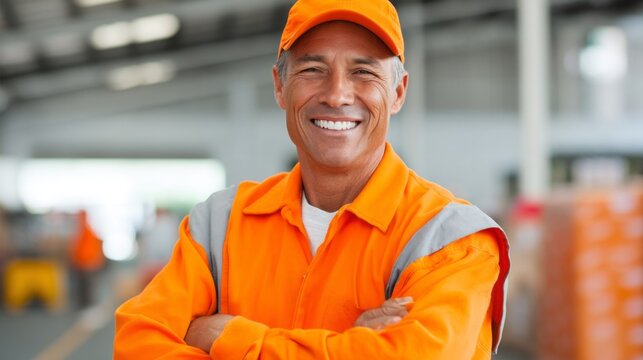 A cheerful warehouse worker in bright orange uniform stands with arms crossed, smiling widely in a bustling distribution center filled with boxes and activity