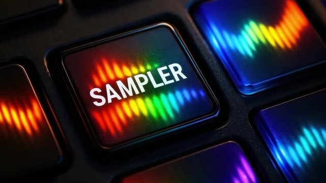 Sampler button with colorful sound wave pattern on electronic music production equipment, close up view of creative digital audio device control panel with vibrant light effects for sound mixing