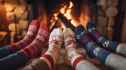 Cozy winter vibes by the fireplace with festive patterned socks, perfect for holiday warmth and relaxing moments with loved ones during the season