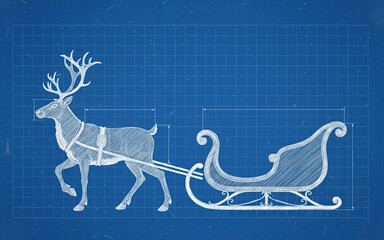 Technical blueprint drawing of santas sleigh with reindeer, technical engineering schematic on blue background