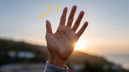 A close-up of a hand waving goodbye at sunset, symbolizing new beginnings and hope.