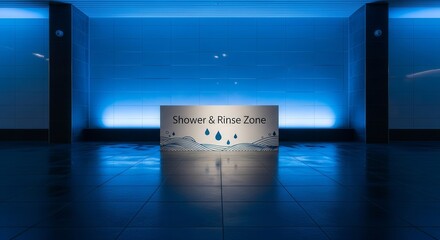 Modern Blue Shower and Rinse Zone with Contemporary Clean Design Inside a Futuristic Building
