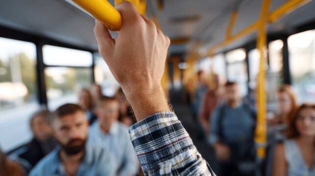 A close-up of a man's hand grasping a yellow pole inside a crowded bus, showcasing daily urban life. - Powered by Adobe