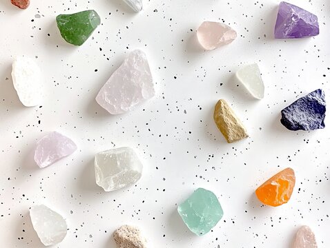 A collection of various rough, unpolished gemstones and crystals in different colors and shapes are arranged on a speckled white surface.