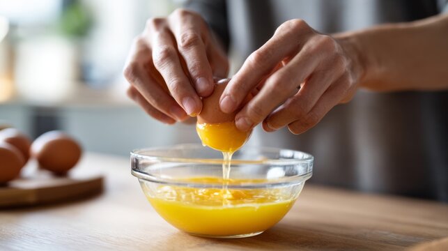 Close-up of a person breaking an egg into a glass bowl in a bright kitchen setting.