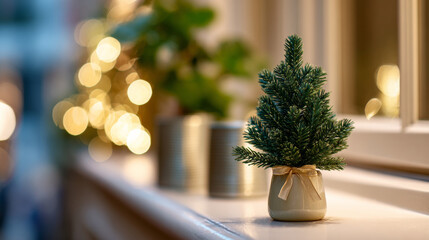 Fototapeta premium Small artificial Christmas tree in a decorative pot with a bow on a windowsill with blurred festive lights in the background