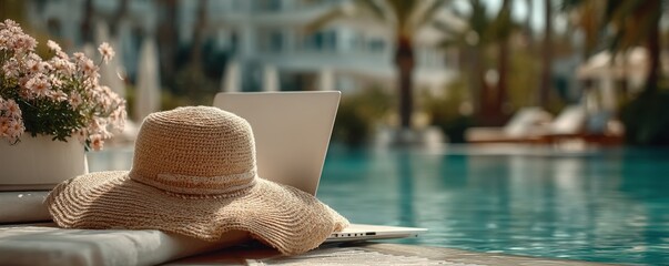 Straw hat and laptop by a tranquil poolside with flowers in bloom