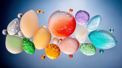 A collection of vibrant, translucent gel-like objects in various shapes and colors, suspended in mid-air against a soft blue backdrop.