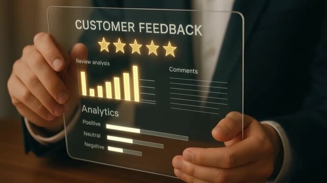 Customer feedback concept featuring star rating, review analysis, analytics data, and comments displayed transparent digital interface with advanced digital interface analytics and star rating review